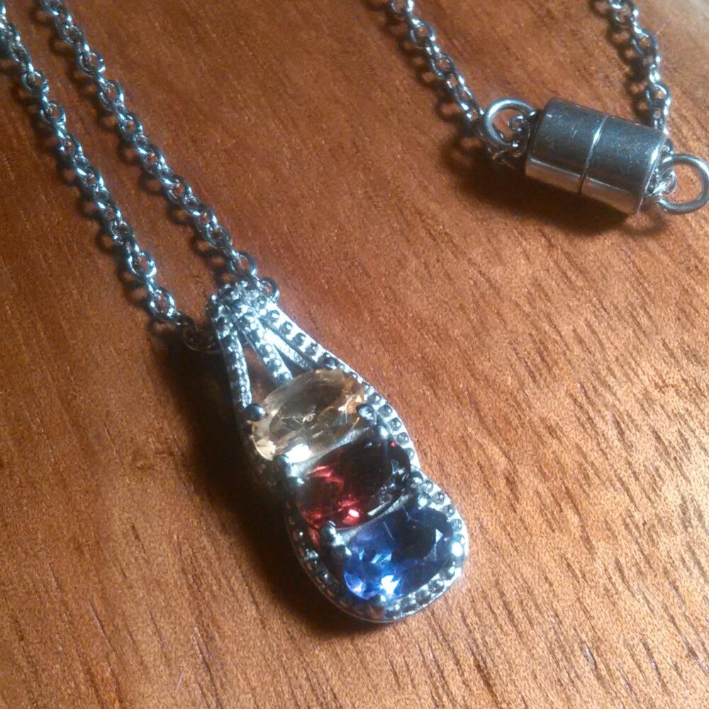 Multi-Gemstone Three Stone Stainless Steel Pendant Necklace